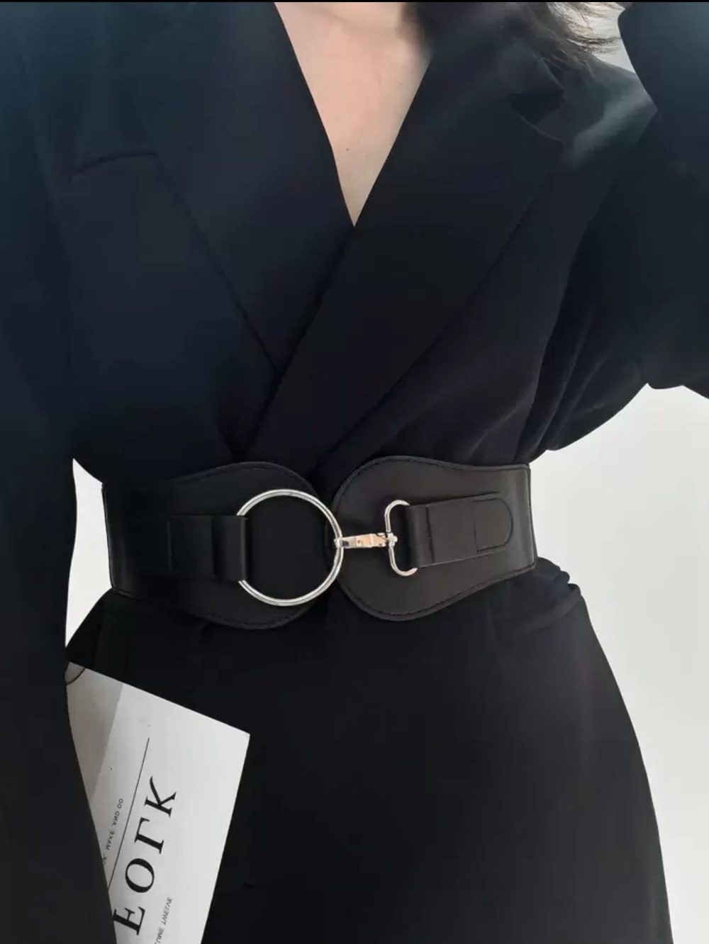 Black Wide Waist Belt with Silver Ring Buckle